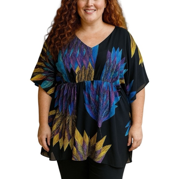 Lane Bryant 18/20 Vneck Smocked Waist Black Vibrant Abstract Floral Blouse - Picture 1 of 9